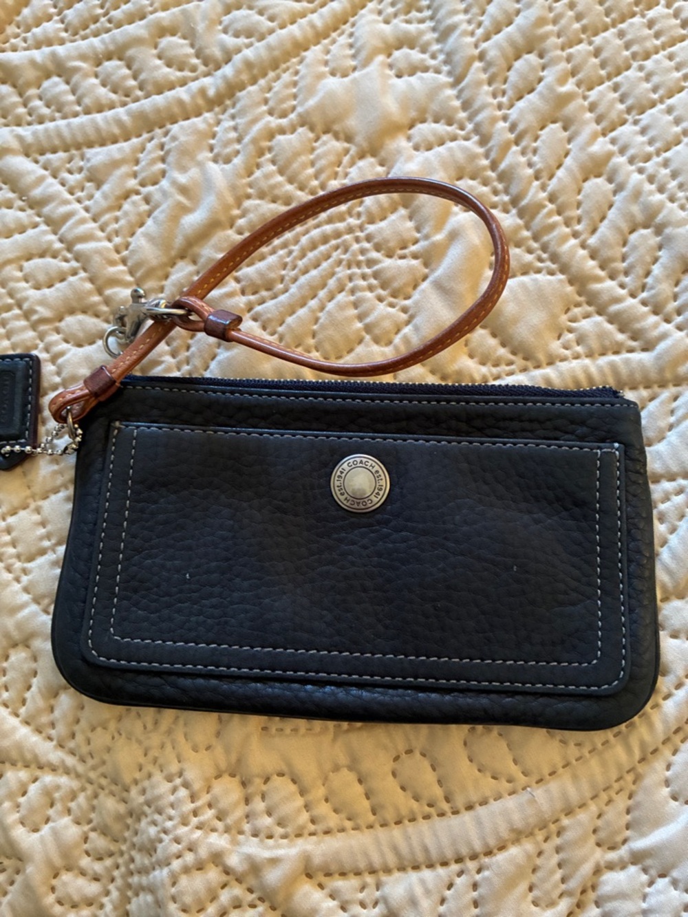 Coach Black Leather Wristlet with Brown Strap and Silver Hardware